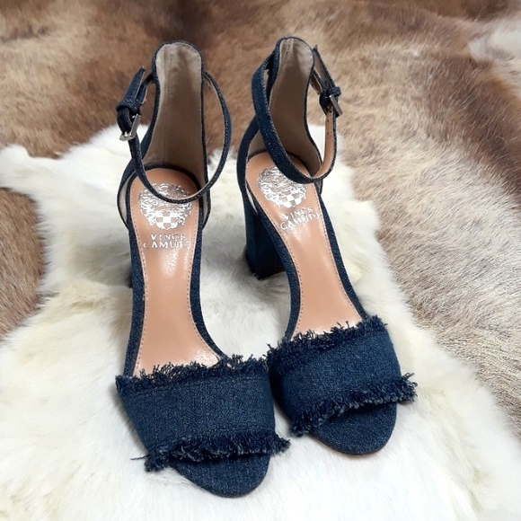 Vince Camuto Shoes - Vince Camuto/ Mid Blue Frayed Denim Chunky Heeled Sandals Size 5M